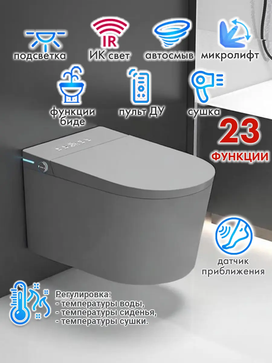 Смарт унитаз подвесной HAITEC HT-ESTPG02 GRAY автоматизированный с встроенным бачком